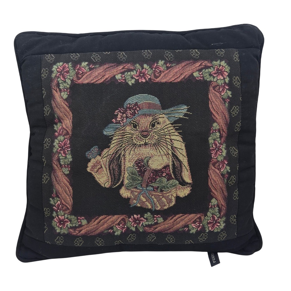 Vtg 90s Portofino Rabbit Tapestry Throw Pillow Floral Black 15x15 Bunny Easter